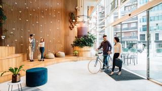 Commuters arriving to office lobby
