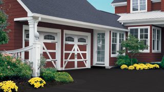 Red and white carriage house doors min