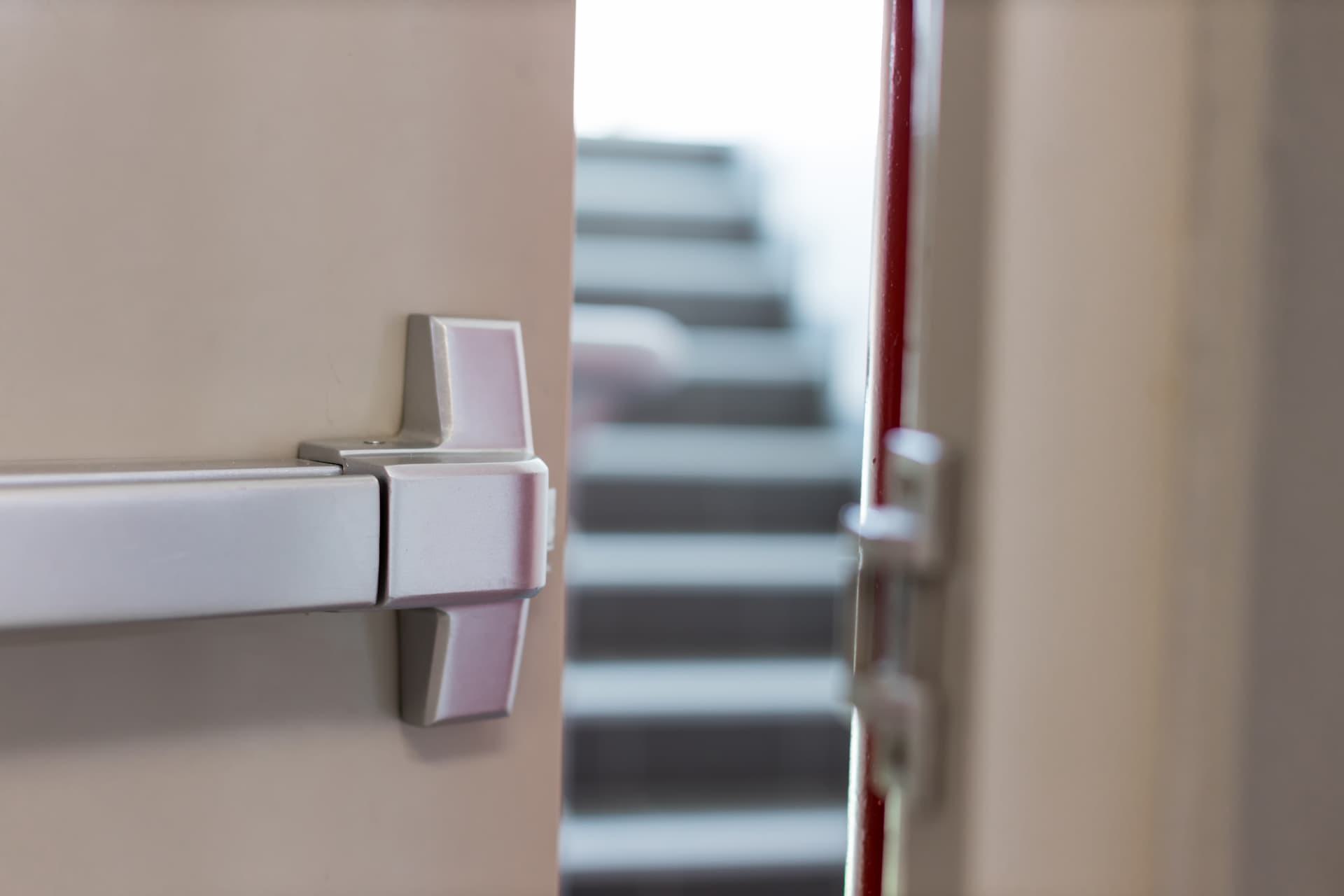 Closeup of emergency fire exit panic bar