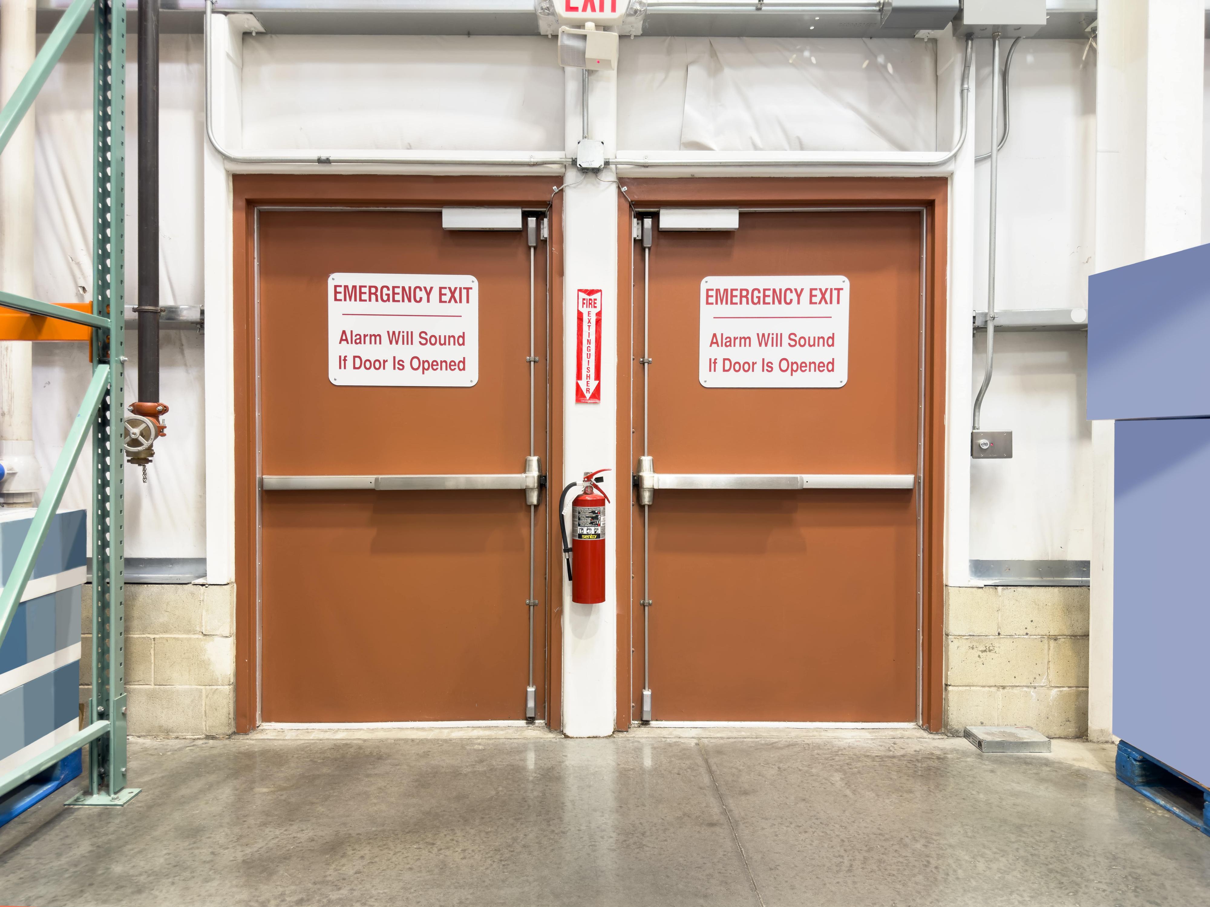Emergency exit doors in a warehouse
