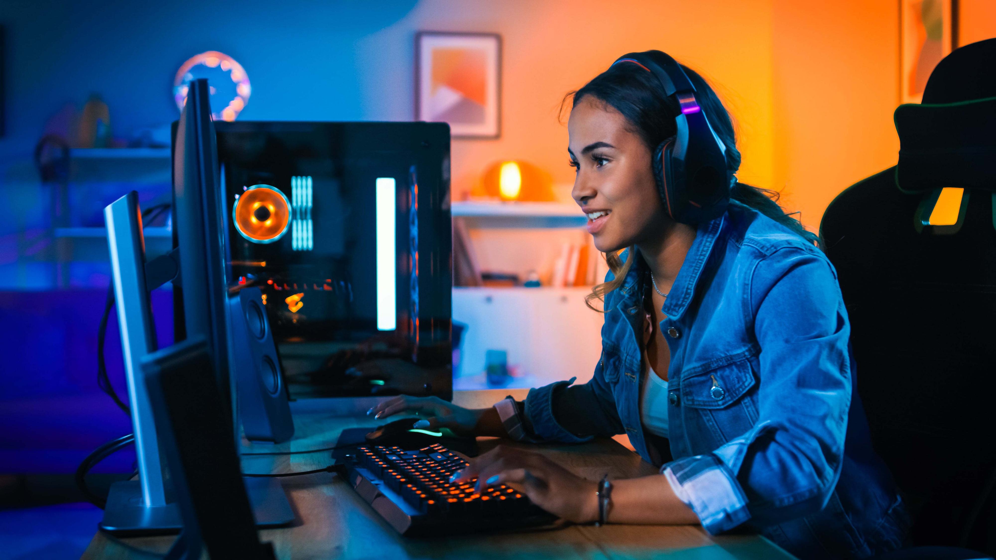 Girl playing video games in a game room