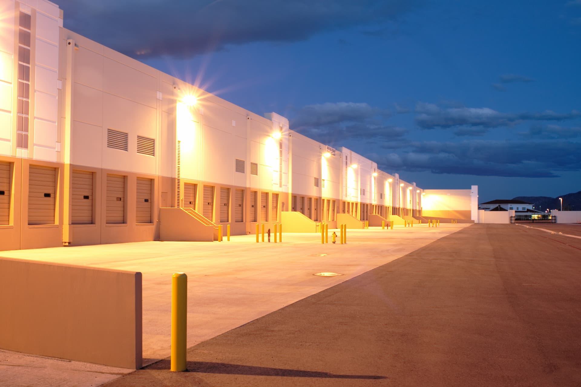 Industrial building loading bay at night