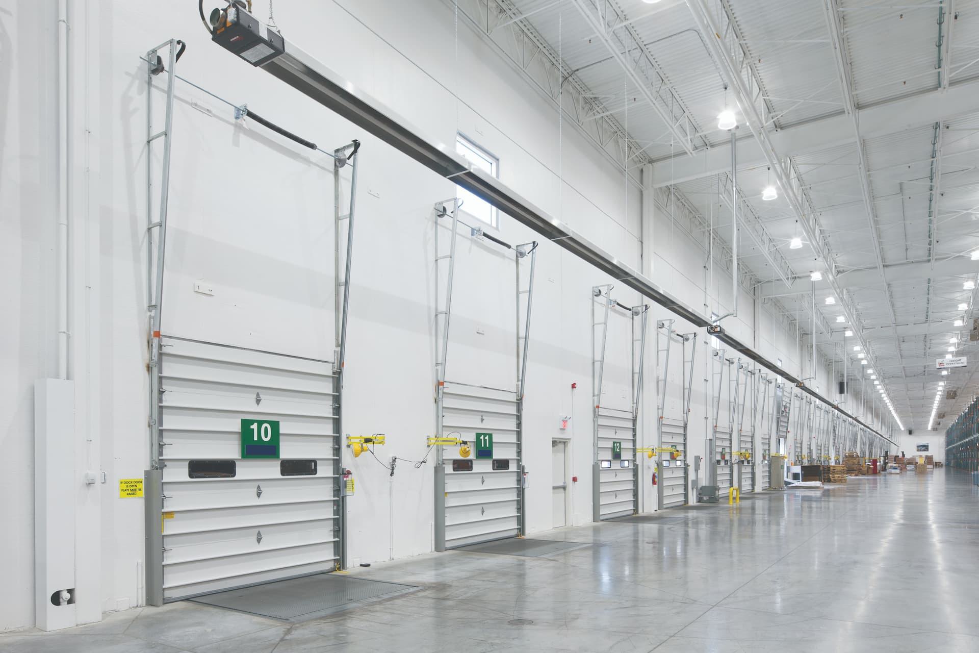 Interior of warehouse with commercial sectional doors