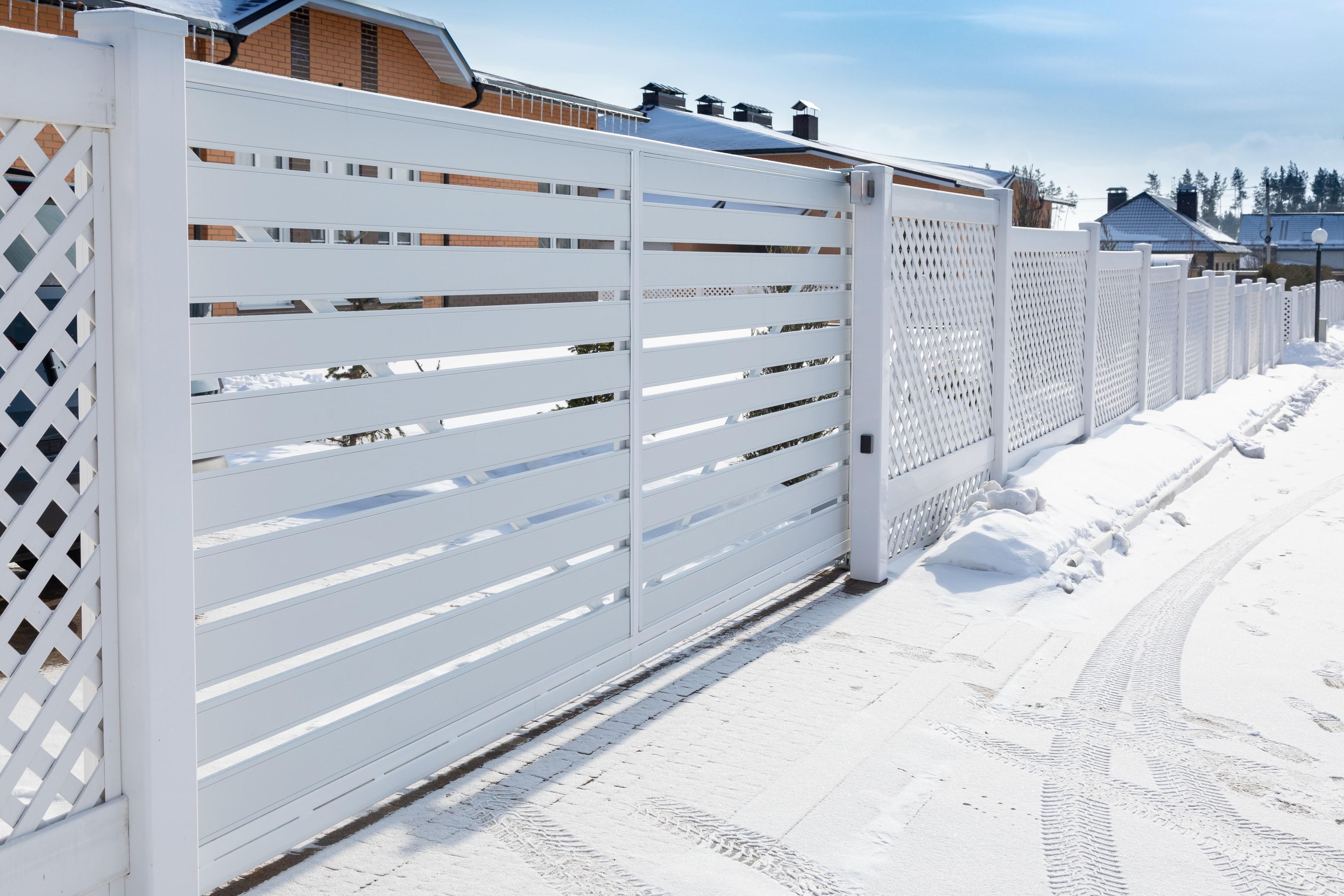 Modern white gate with snow in the winter