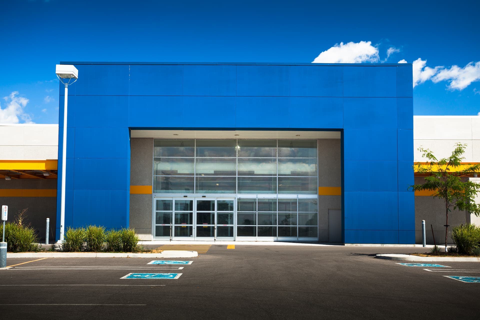 Big box retail store with automatic sliding doors at entrance