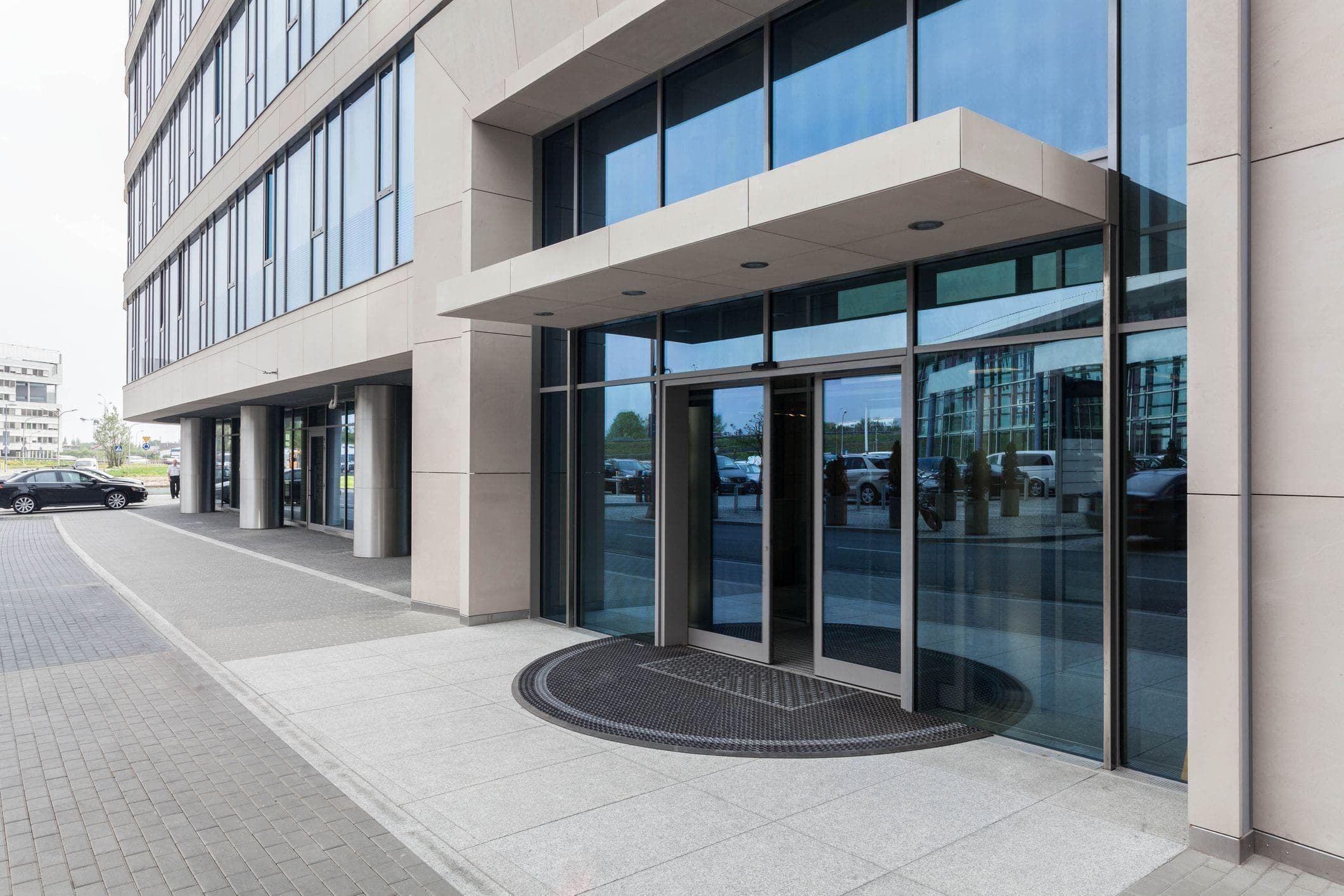 front entrance of business centre with automatic doors