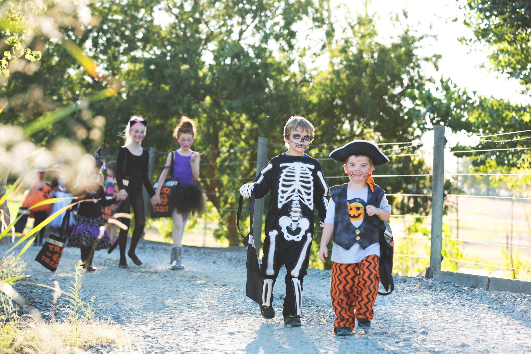 excited trick or treaters walking up driveway excited trick or treaters walking up driveway