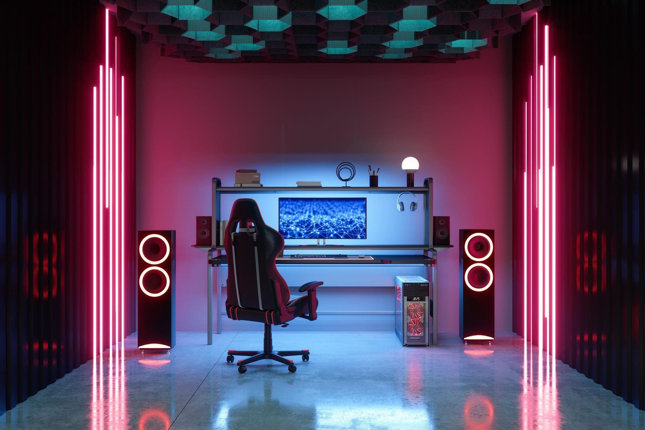 gamer stream set up inside garage with neon and LED track lights 