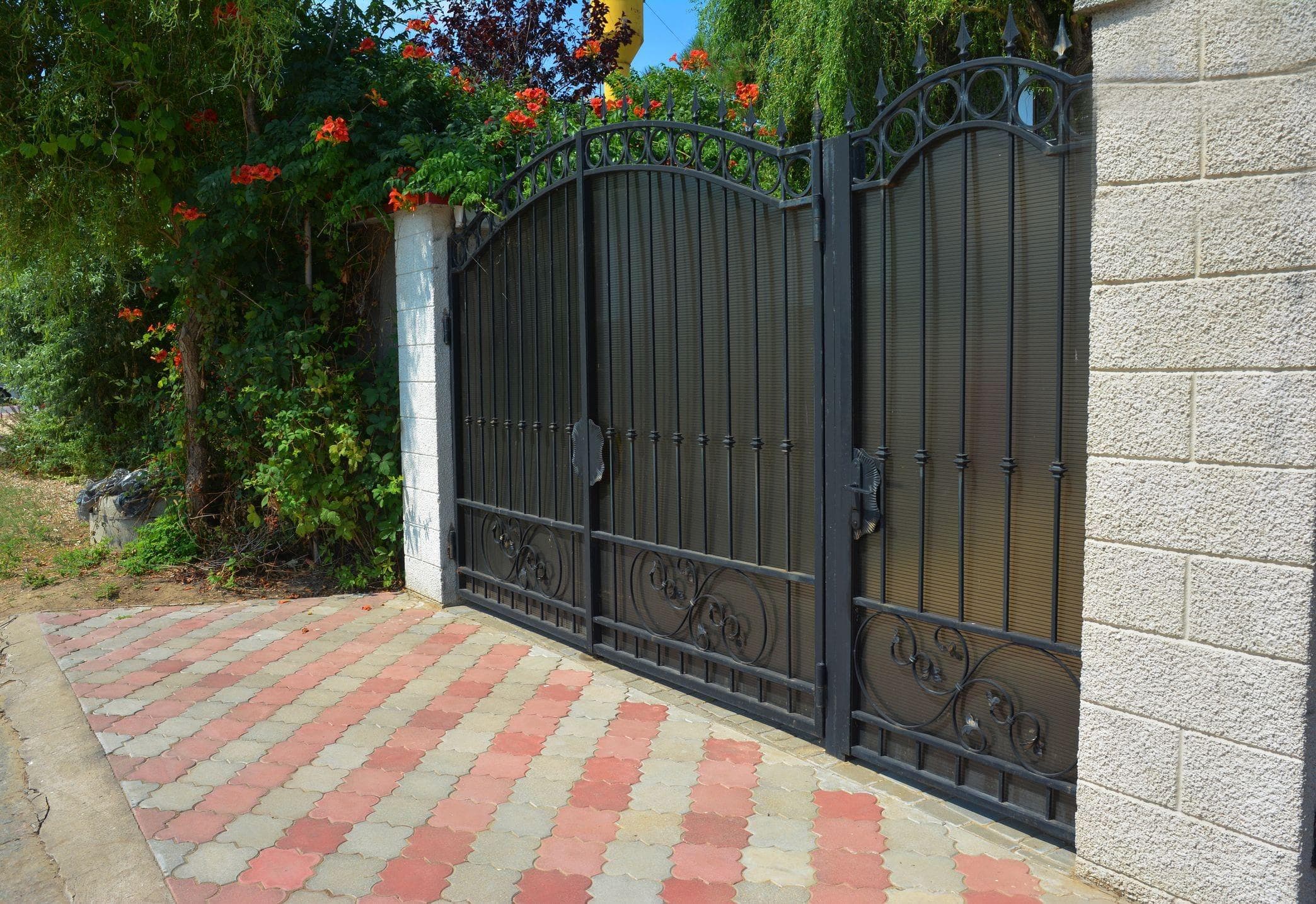 black ornamental gate with vibrant green and red plants