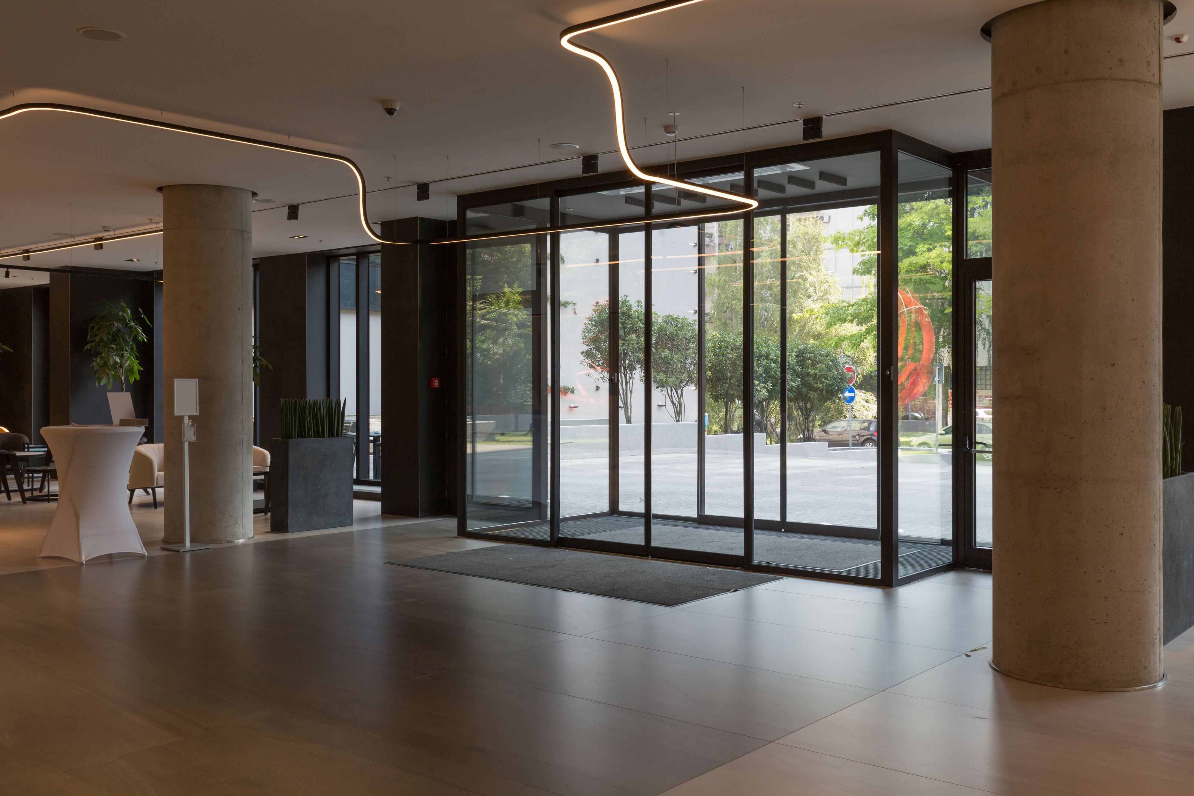hotel entrance with glass automatic sliding doors