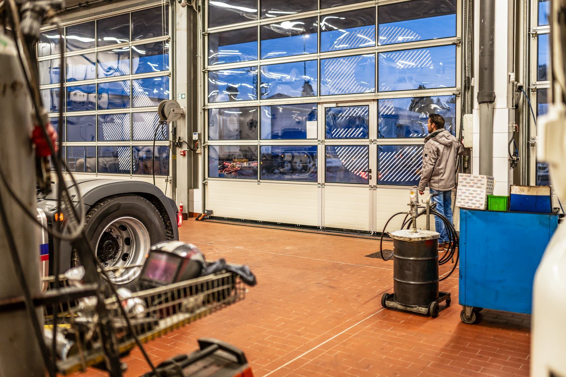 interior view of mechanic shop doors