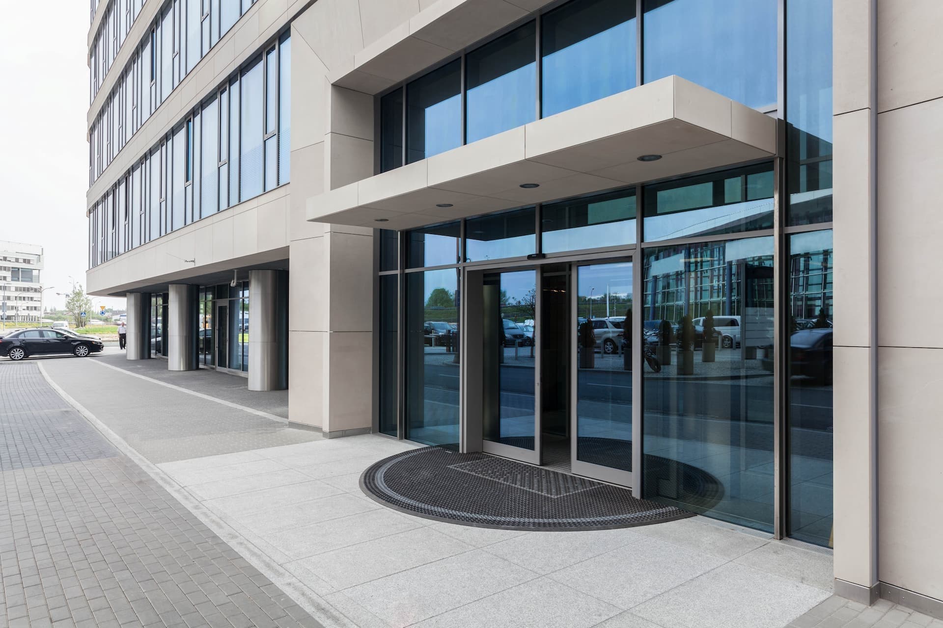 office building entrance with automatic sliding doors