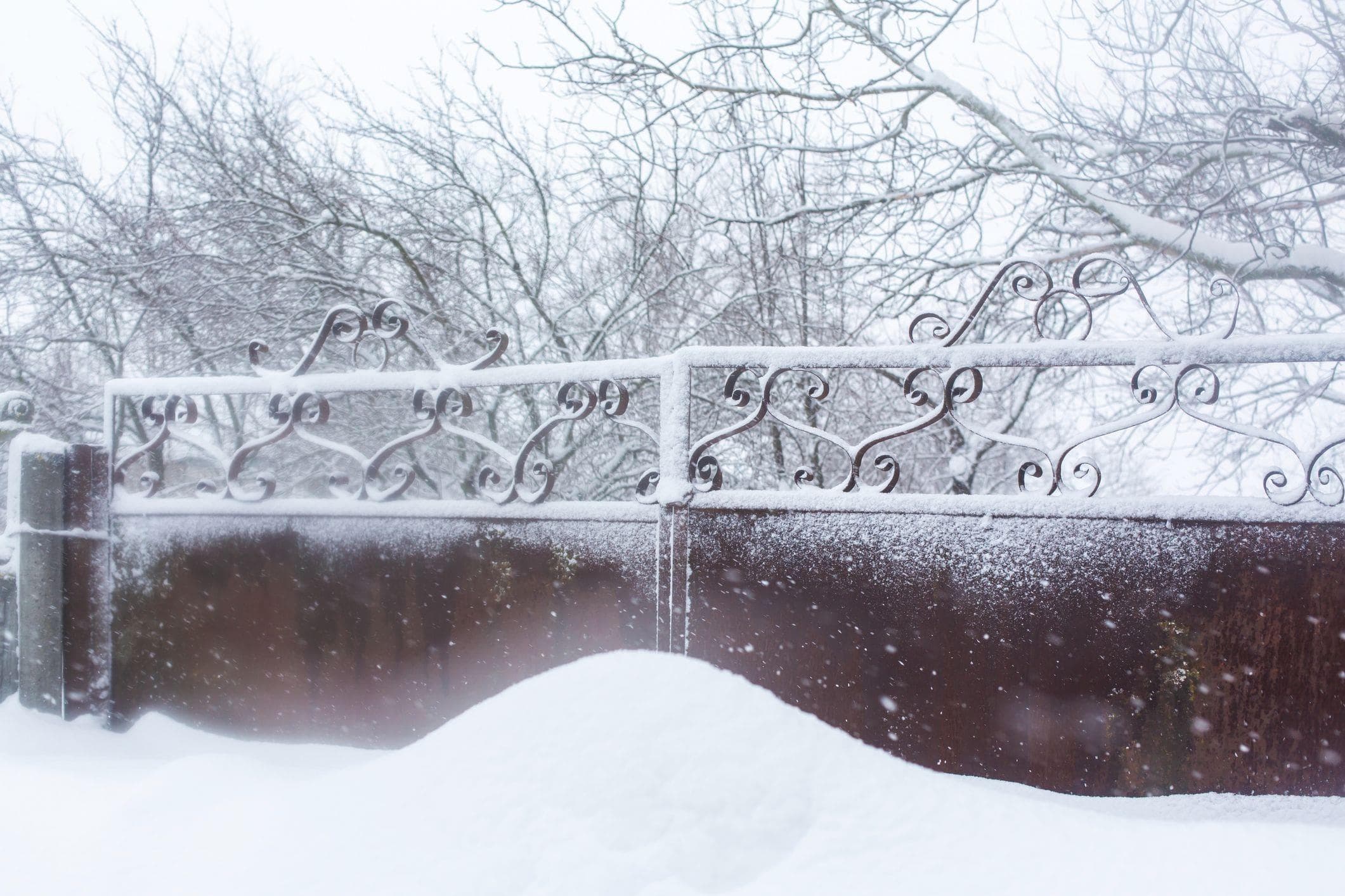 custom steel ornamental gate in a snowdrift 