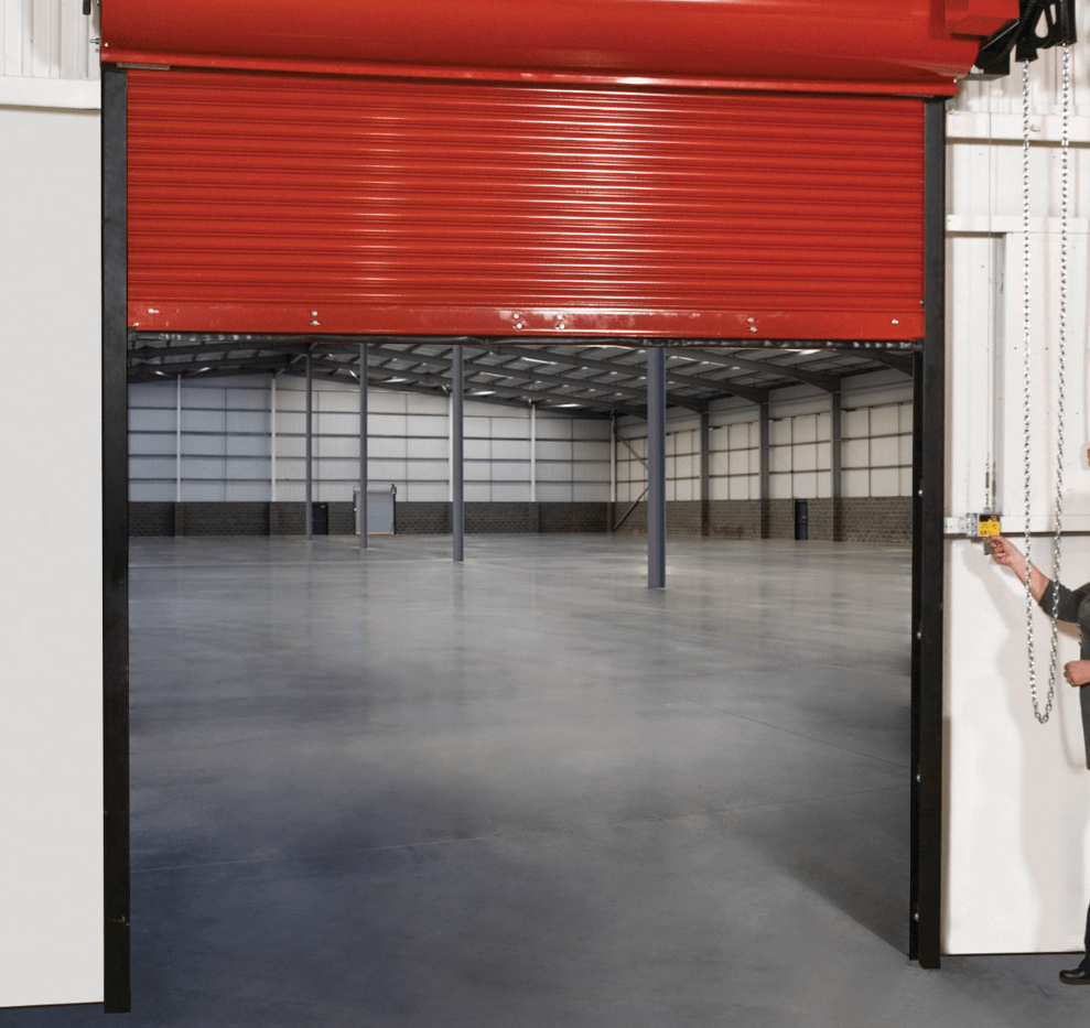red rolling fire door in warehouse facility red rolling fire door in warehouse facility