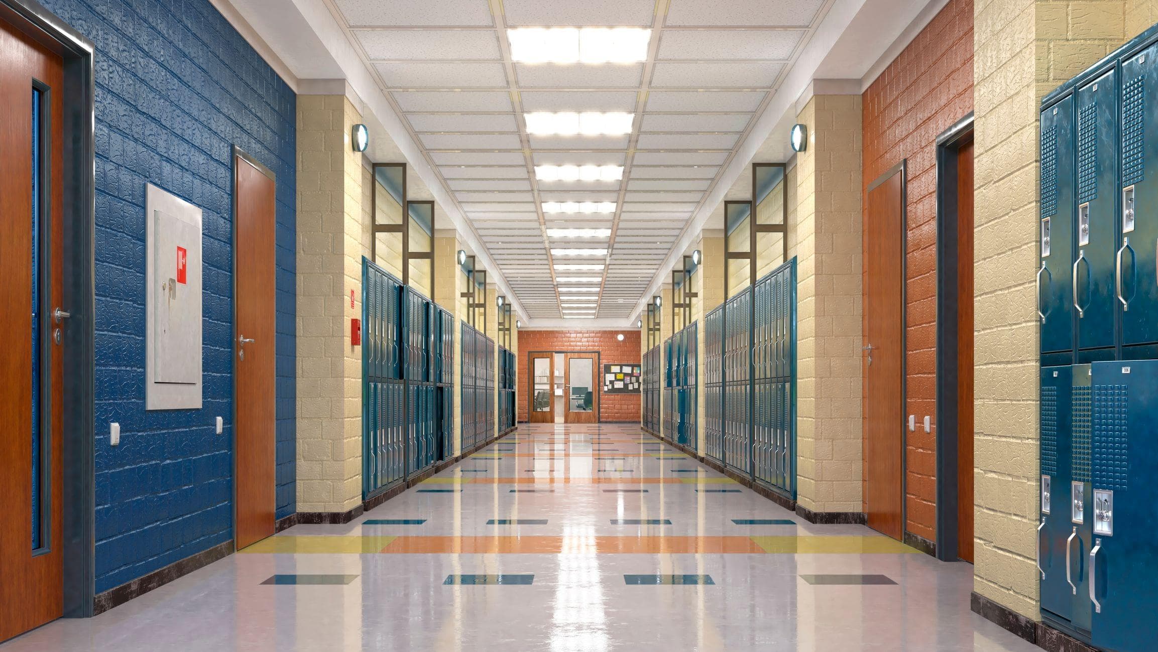 school interior hallway corridor for two way traffic with doors and stairwells