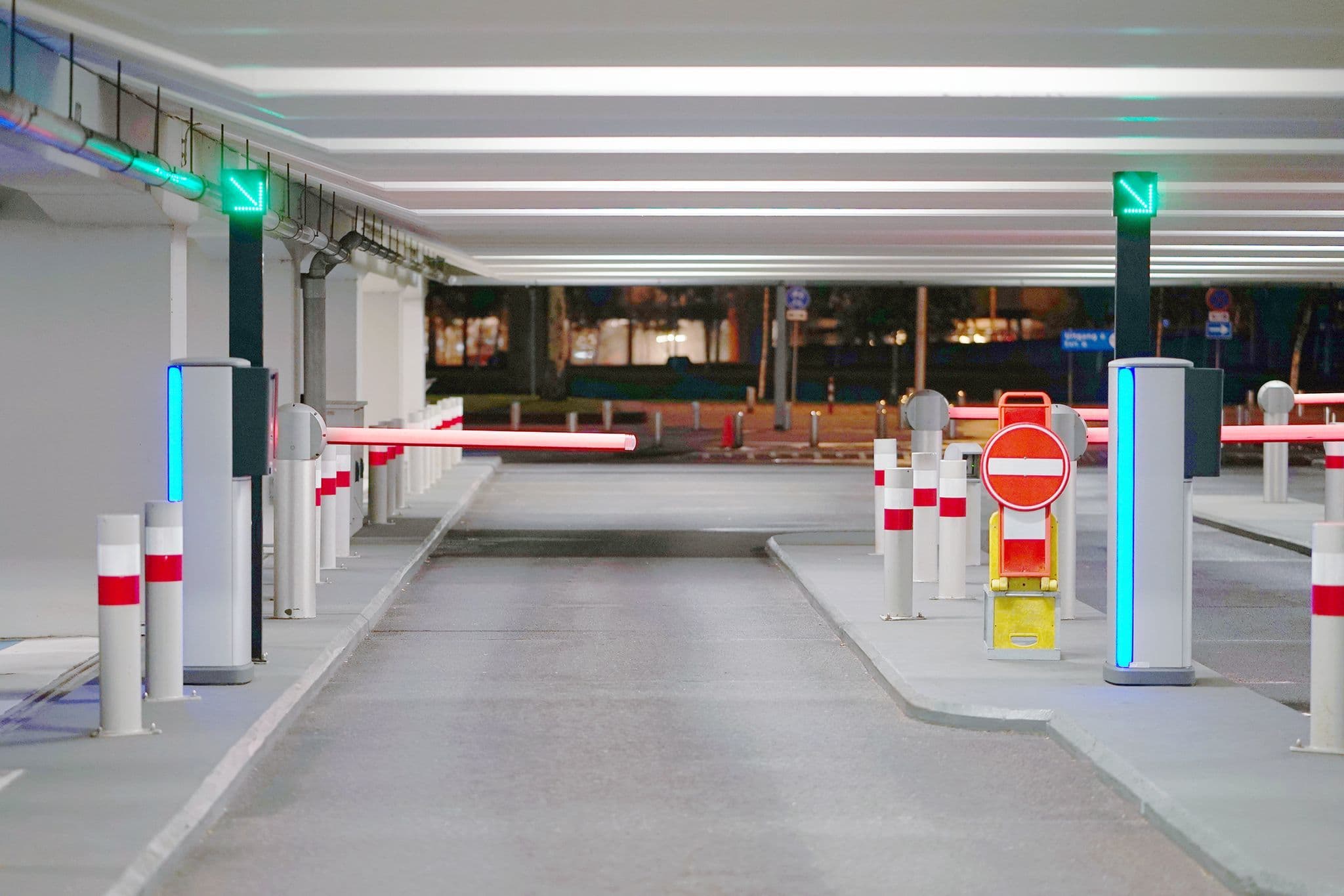 school underground parking lot with barrier arm and gate entry system