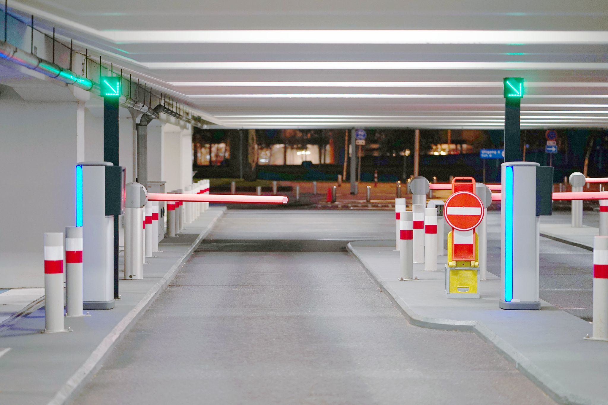 school underground parking lot with barrier arm and gate entry system