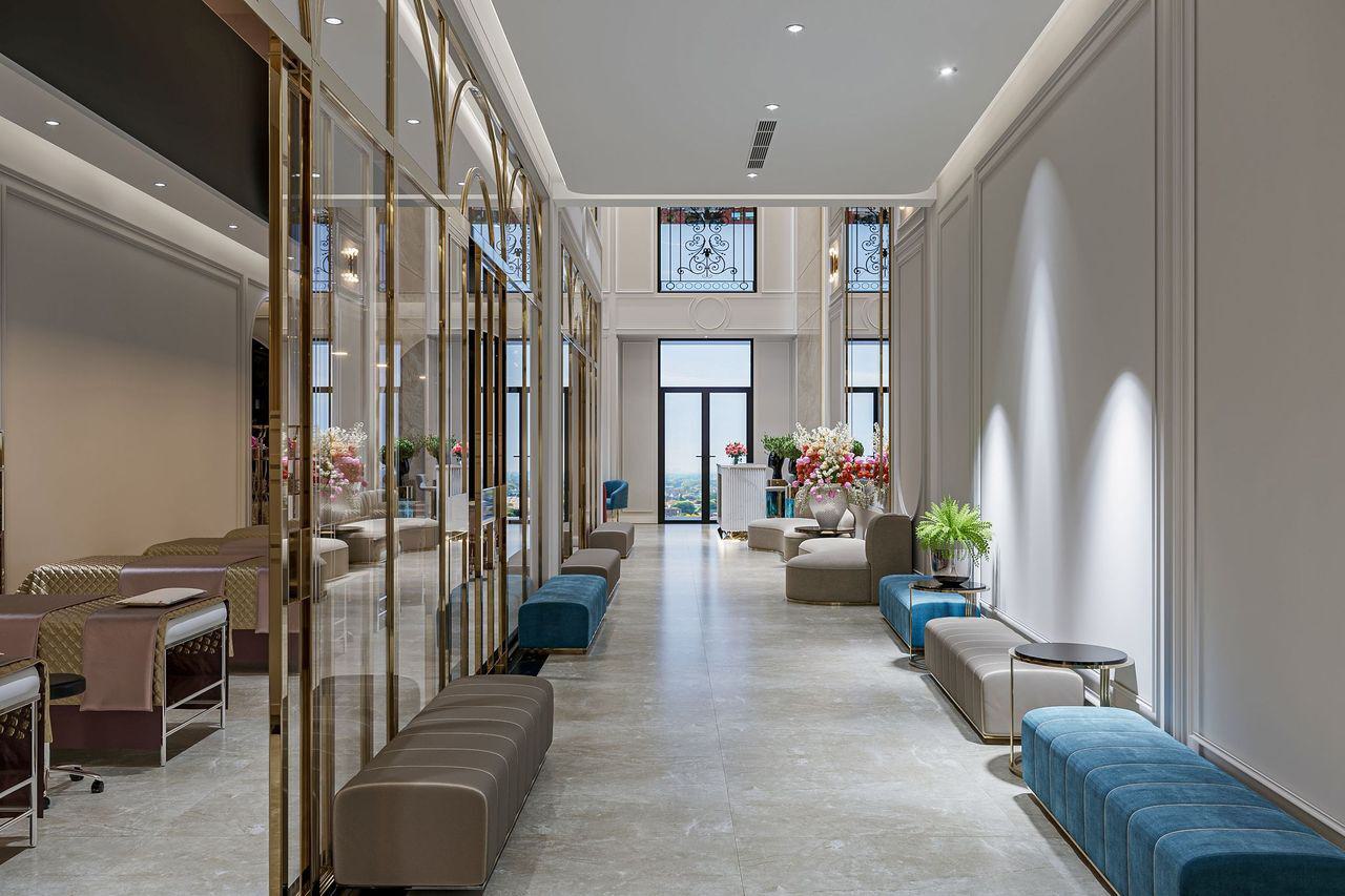 spa lobby interior with glass pedestrian doors