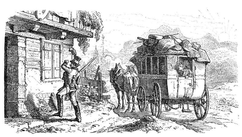 a traditional etching of a horse drawn carriage and carriage house doors