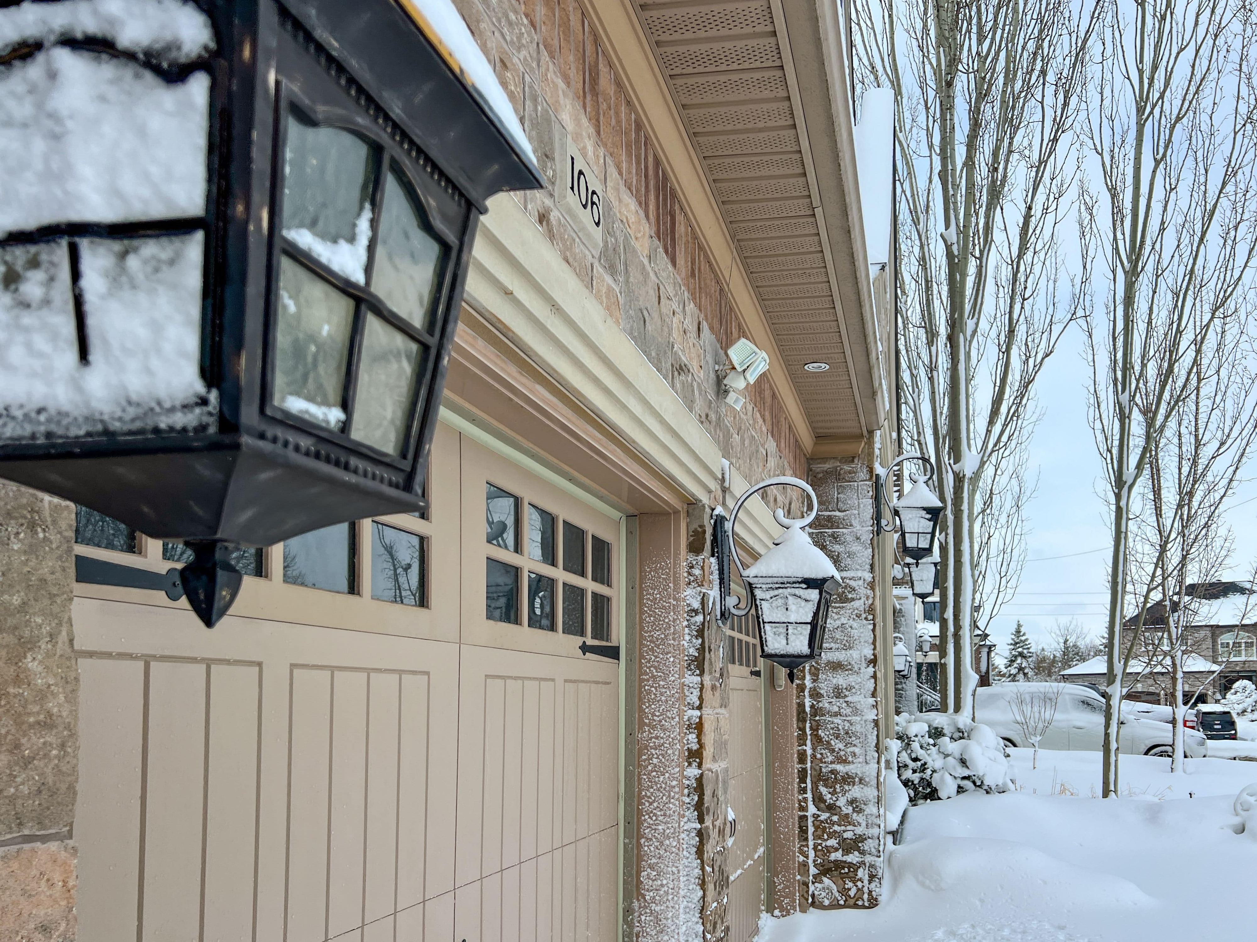 a home garage after fresh snowfall in the winter