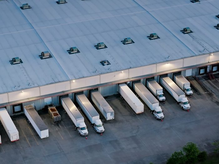 Birds eye view of large warehouse loading docks