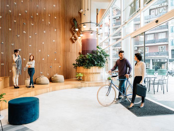 Commuters arriving to office lobby